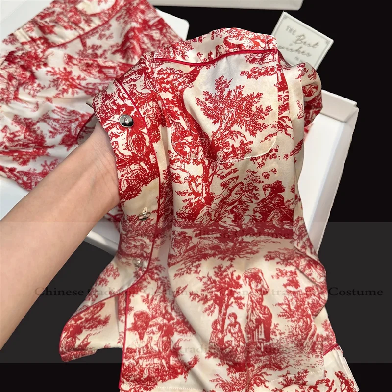 

Red New Year Christmas Party Pajamas Set Women Satin Short Sleeve Shirt Pants 2Pcs Pijama Mujer Autumn Summer Loungewear