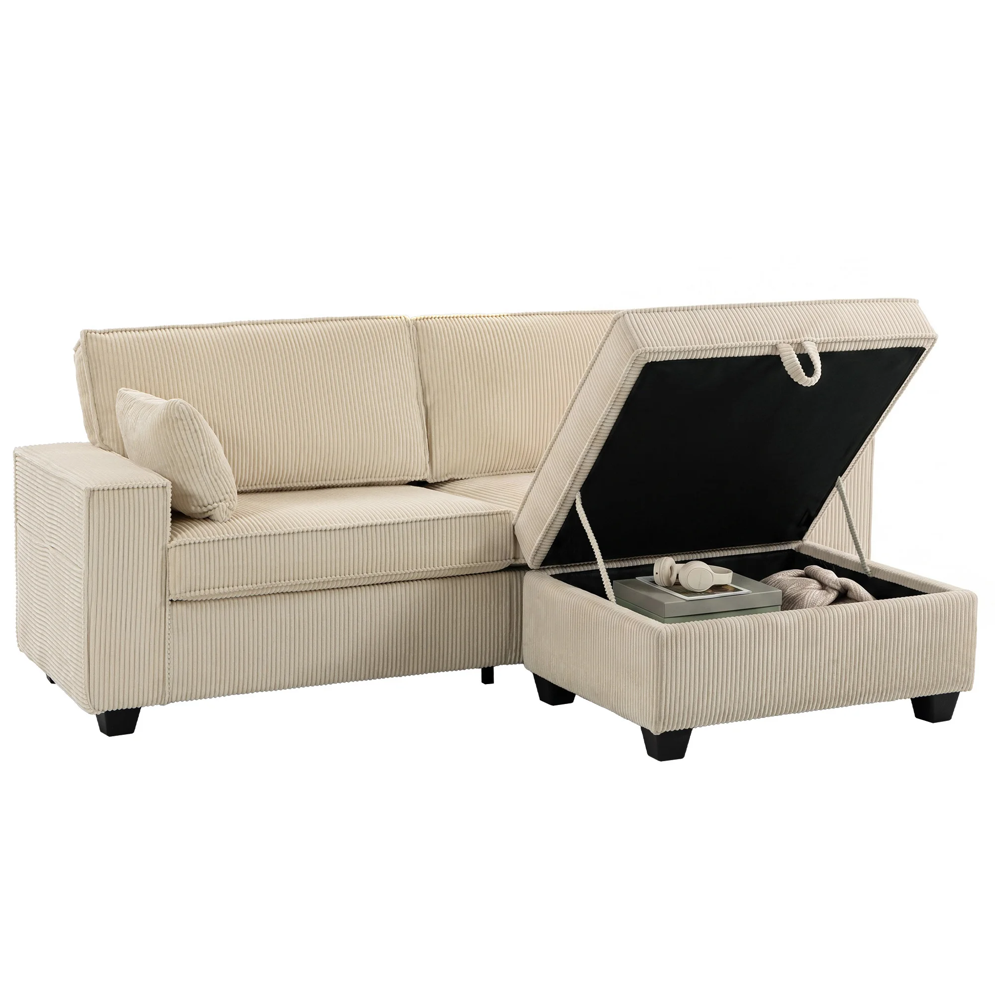 HOMCOM Ecksofa 216 cm L-Form Sofa mit Umkehrbarem Aufbewahrungshocker, Beige