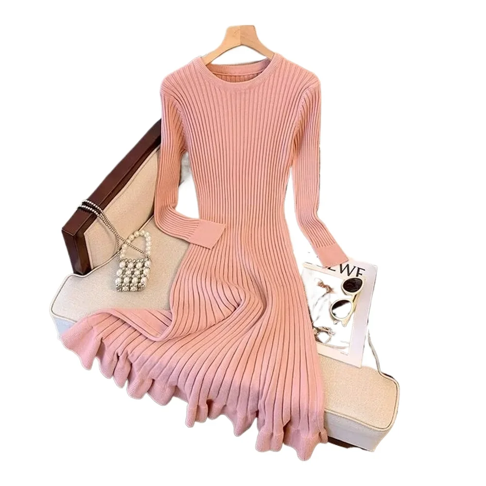 Long Dresses for Women Clothes Fashion Women's Knit Dress Autumn Winter Long Knee-Length Ruffle Fishnet Skirt Inner Sweater