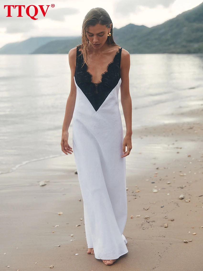 

TTQV Sexy Slim White Cotton Dress Ladies Summer V-Neck Sleevelss Ankle Length Dress Elegant Lace Spliced Dresses For Women