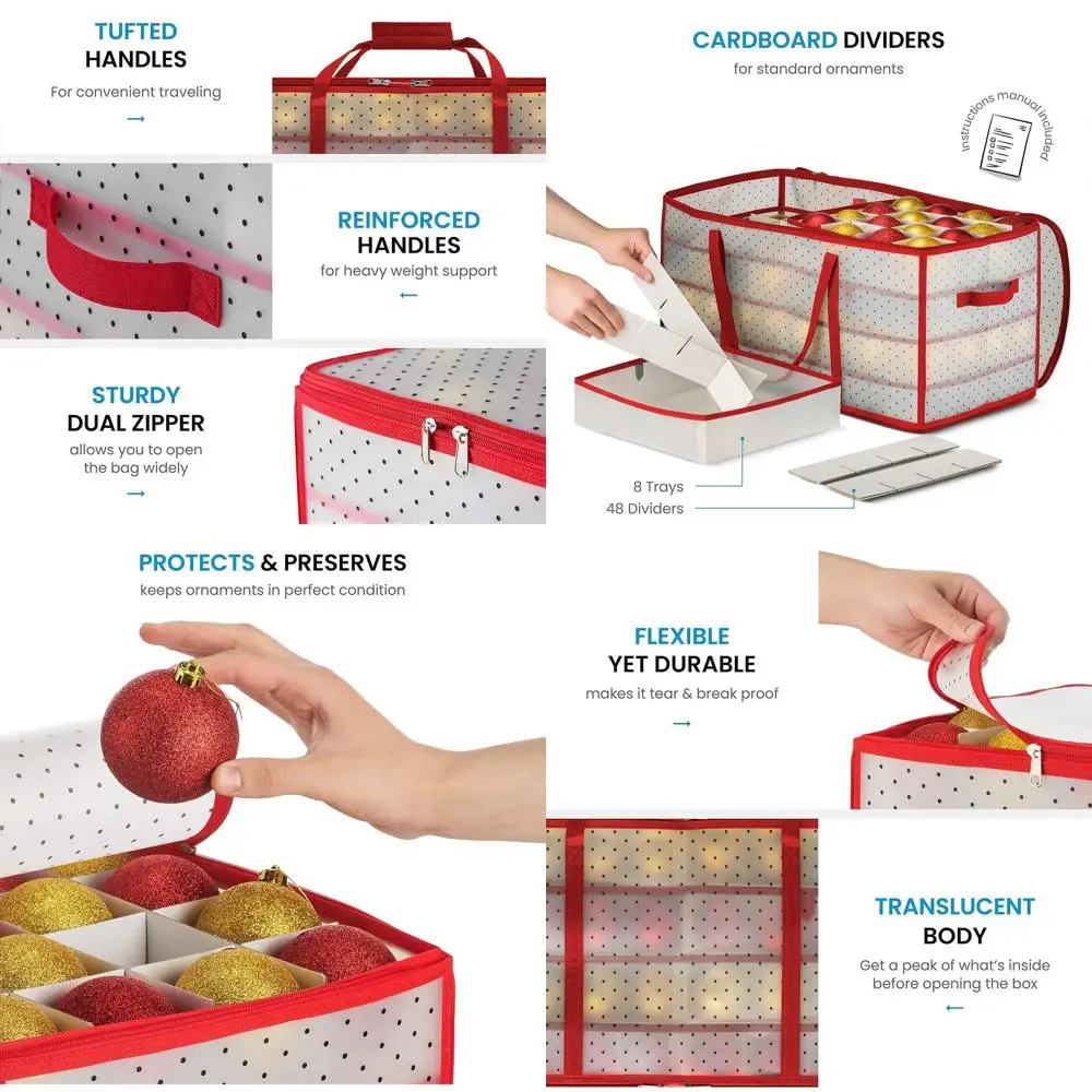 

Гибкая пластиковая коробка для украшений — вмещает 128 рождественских украшений с двойной молнией — 3 отделения для кубов красного цвета