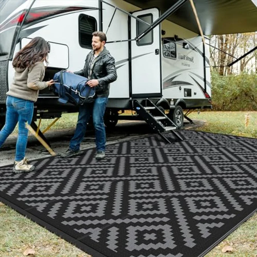 

Outdoor Rug for Patio, Waterproof Plastic Mat, Reversible Black Grey, Large 10x14 ft for Porch Deck RV Camper Balcony Backyard