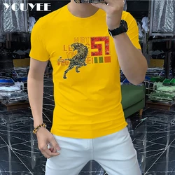 Fashion Men T-shirt Printed Hot Diamonds Leopard Man Top 2022 Summer New Designer Mature Male Handsome Tees Men’s Yellow Clothes