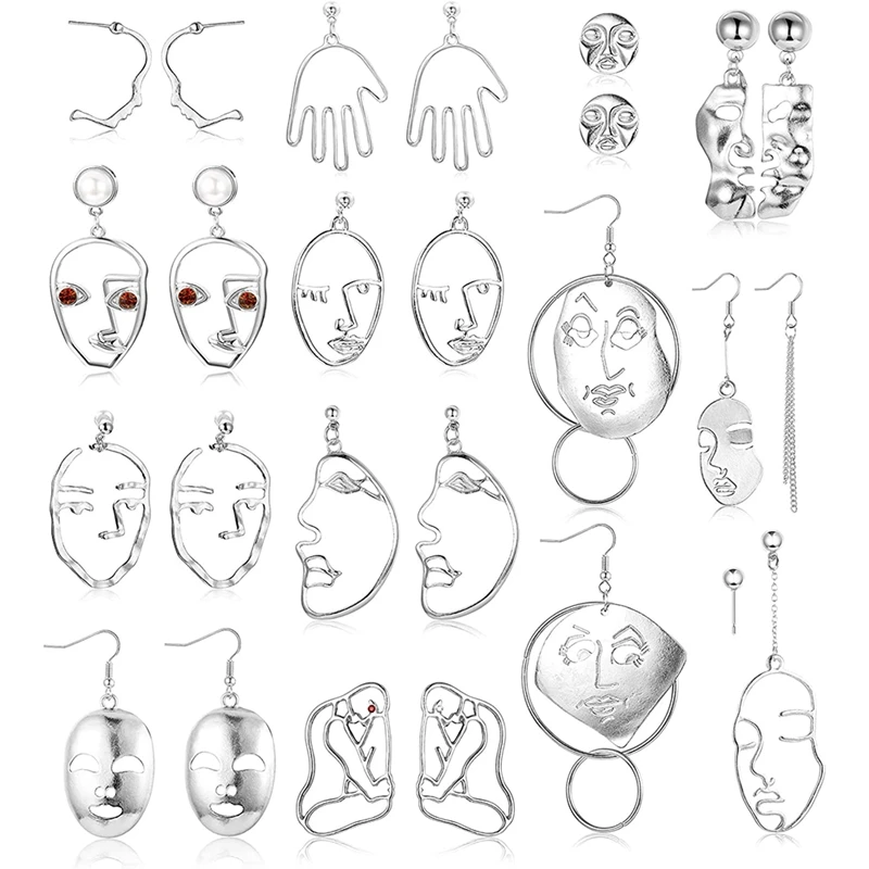 13Pairs Face Statement Earrings Hollow Face Hand Shaped Drop Dangle Earrings Set Punk Style Jewelry