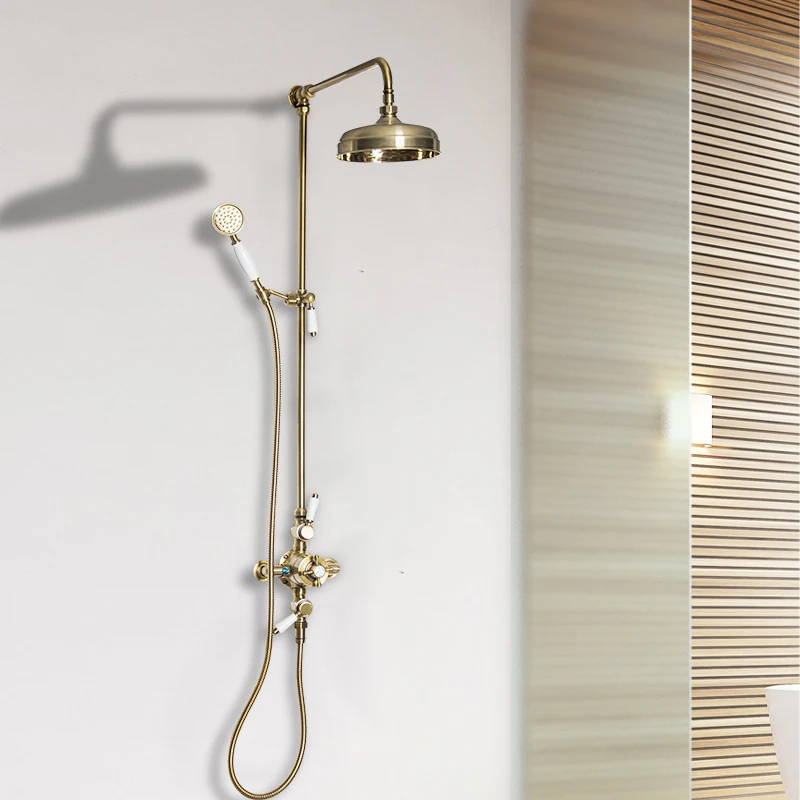 

Hot Sale Antique Brass Thermostatic Shower Valve Gold Shower Kit Wall Mounted Bathroom Shower Faucet
