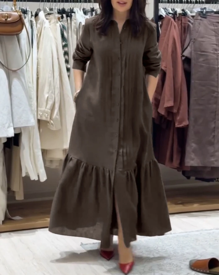 Casual Long Sleeve Button Down Slit Shirt Dress,Button Down Style with Pleated Detailing and Side Slit,Perfect for Various Daily