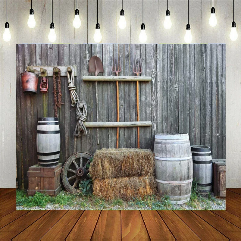 

Cowboy Photography Backdrop Barrel Bale And Fork In Old Barn Western Farm Scene Birthday Party Decoration Photo Background