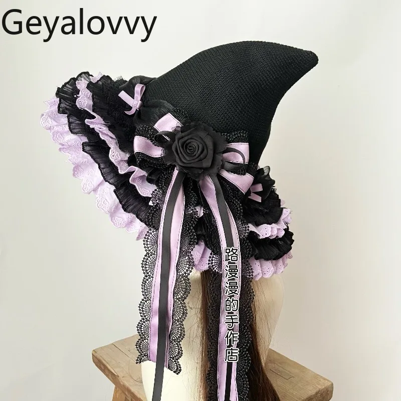 النمط الياباني لوليتا القوطية الظلام نمط قبعة الساحرة عيد الميلاد اليدوية تأثيري القوس الدانتيل وأشار قبعات الساحرة قبعات الفتيات الحلو