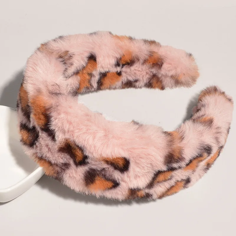 Women Leopard Faux Fur Hairband Soft Plush Hair Accessories Wide Side Adult Girls Headbands Winter Fashion Hair Hoop