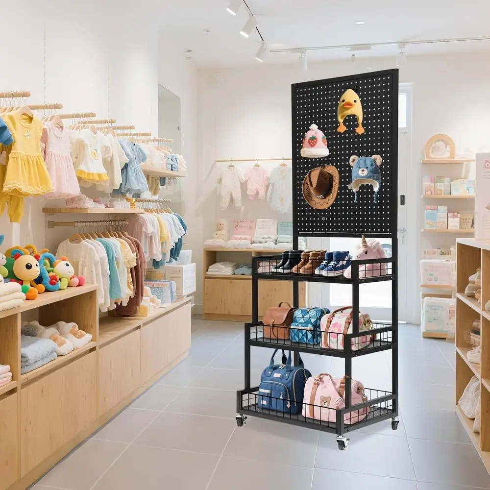 3-Tiers Metal Pegboard Display Stand with Peg Board Panel, Standing Pegboard Display Rack, Craft Show Display, Art Display and R