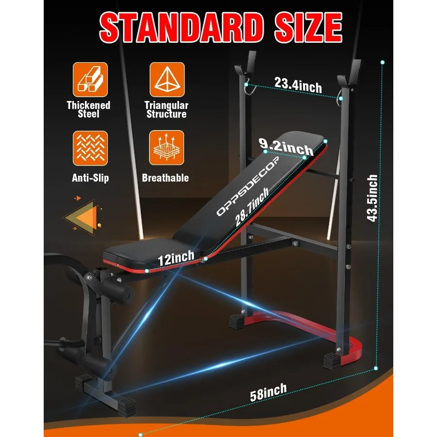 Conjunto de banco de peso padrão com extensão de perna e curvatura de perna 660 lbs conjunto de prensa de banco ajustável com almofada de curvatura preacher inclinação plana