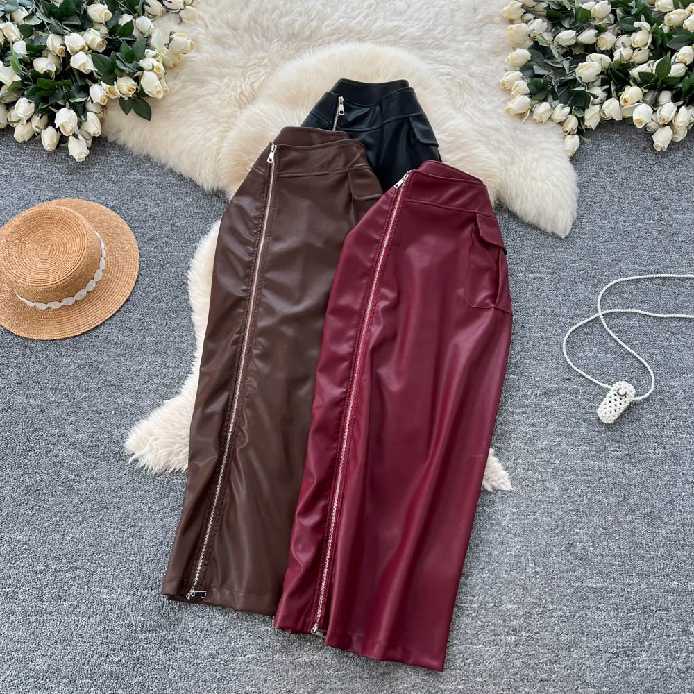 

2025 Autumn Winter New High Waist Zipper Design Slim Fit Slimming Leather Skirt Women Three Color Options Elegant Style