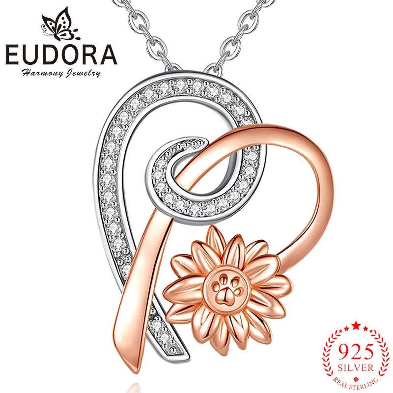 

Eudora 925 Sterling Silver Sunflower Necklace Zircon Heart Footprint Pendant Exquisite Fashion Jewelry Women's Party Favor