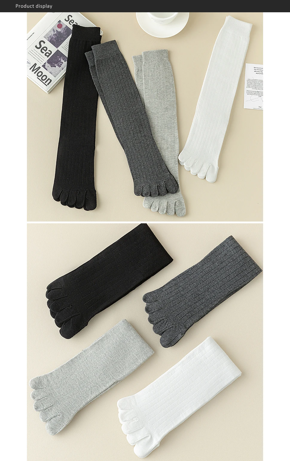 1/4 Paar Herren-Zehensocken, lange Baumwolle, einfache Business-Party-Kleid-Strümpfe, Gentleman, atmungsaktiv, 5-Finger-Socken, Wade, 4 Jahreszeiten – Detail 3