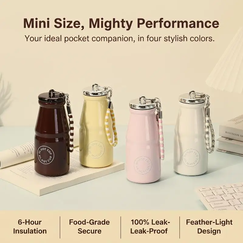280ML Stainless Steel Milk Coffee Cup Leak Proof With Hanging Chain Macaron Color Insulated Pocket Water Bottle