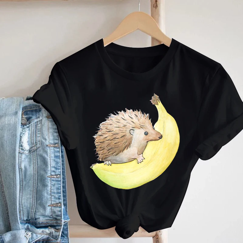 2022 Cartoon Hedgehog Flower Printed T Shirt Lady O-Neck Short Sleeve Tshirt Female Tops Harajuku Black Casual Women Tee shirt