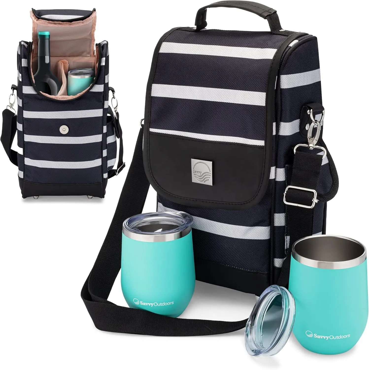 Tote Bag with Stemless Glasses - Bottle Bag with 2 Premium Insulated Cups & Exterior Storage Pouch