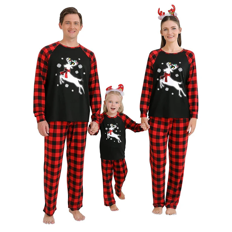 Christmas Matching Family 2PCS Pajamas Set Adorable Reindeer Patterned Raglan Plaid Long Sleeves Crew Neck Tops with Elasticated