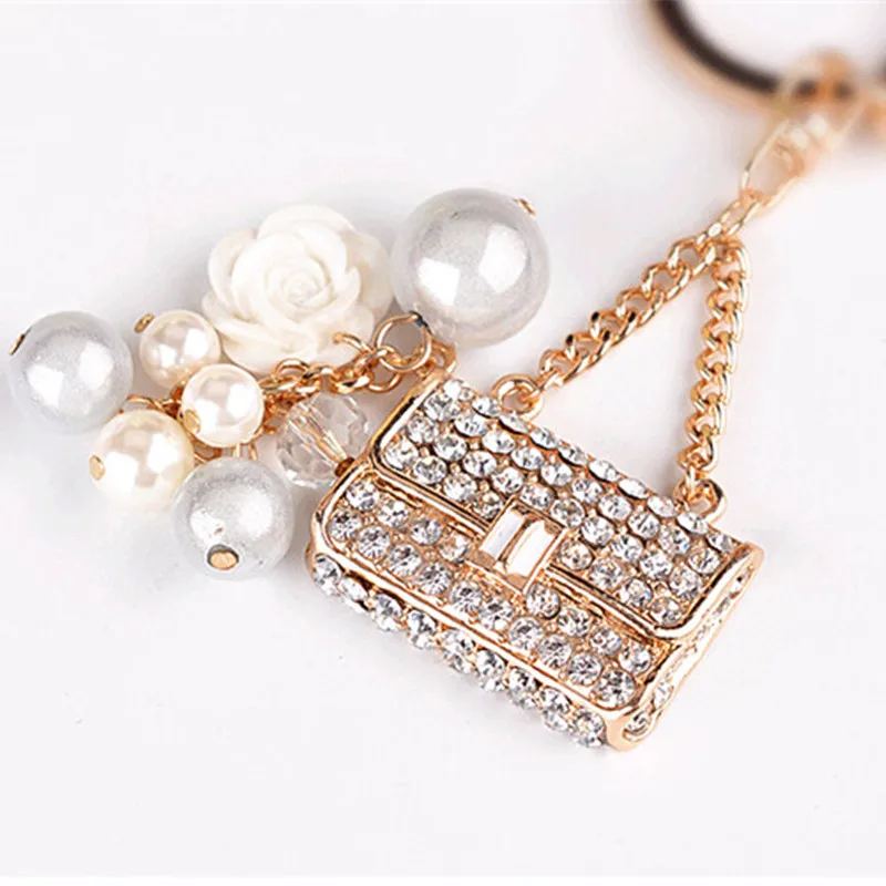 Creative Pearl Rhinestone Keyrings Handbag Design Key Chain Car Key Ring Women\'s Bag Charm Pendant Fashion Keychains Trinket