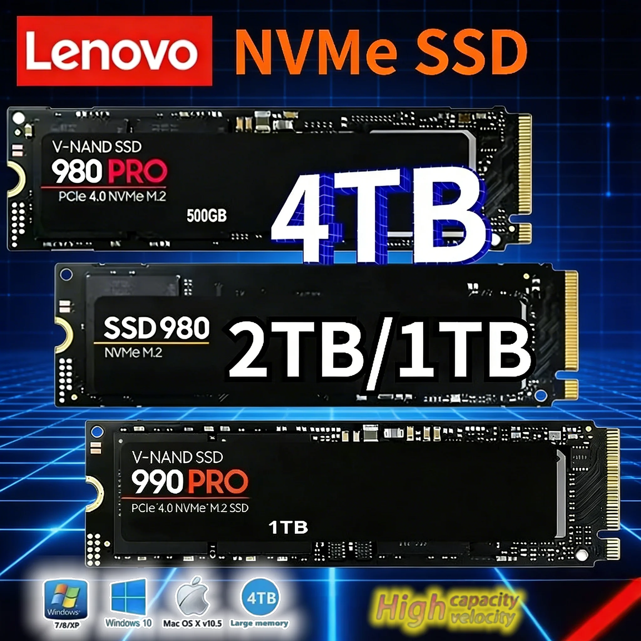 

Внутренний твердотельный накопитель Lenovo 980Pro/990Pro M.2 NVMe SSD 1 ТБ, 2 ТБ, 4 ТБ PCIe 4.0 со скоростью до 7400 МБ/с для ноутбуков и настольных ПК