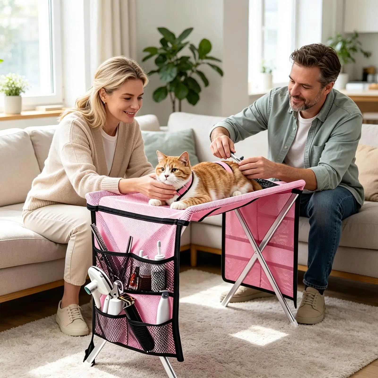 Folding Pet Grooming Hammock Anti-Scratch Multi Hole Dog Grooming Table Quick Dry Mesh Detachable Cat Nail Clipping Holder