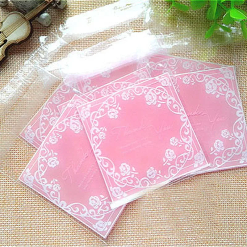 50pcs Cute Flower Plastic Bag Heart Pattern Self-adhesive Bags for Wedding Birthday Party Favor Baking Cookie Packaging Supplies