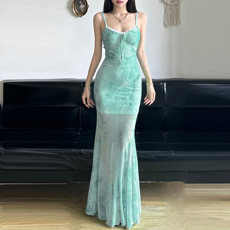 

2025 New Women's Word-neck Butterfly Print Fishtail Skirt with Suspenders Sexy and Elegant Semi-transparent Gauze Dress