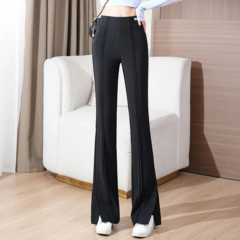 Spring Autumn Casual Fashion Solid Color Oversized Flare Pants Ladies High Waist Elastic Slim Vintage All-match Trousers Women