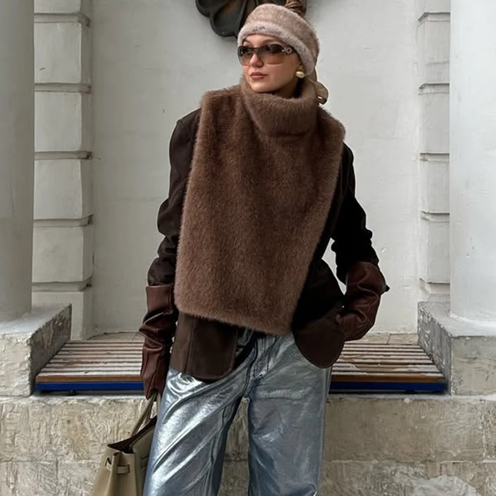 سترات من الفرو الصناعي الصلبة من Talenza سترات نسائية عصرية بياقة مدورة منفوشة قطع علوية شتوية أنيقة بدون أكمام معاطف