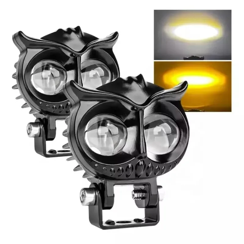 Owl Design Dual Color LED Motorcycle Headlight Fog & Auxiliary Spot Work Lamp Projector Lens for Driving Auxiliary Work Lighting