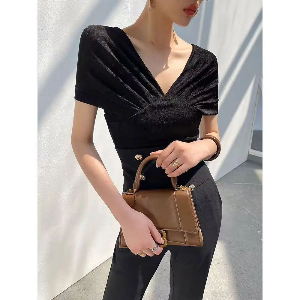 2025 Slash Neck Solid Color Short Sleeve Ruched Sexy Slim Crop Top Summer Women Elegant Y2k Outfits Birthday Party Festival New