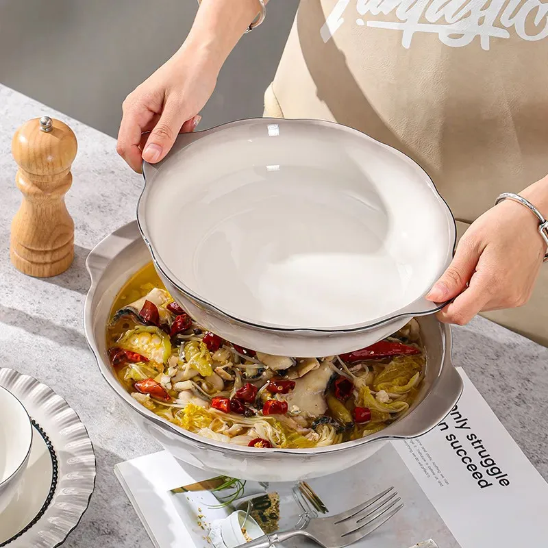 

Градиентная керамическая большая миска в китайском стиле, бытовая большая миска для супа с двойным ухом, цветная подглазурная посуда, специальная миска для супаZI148