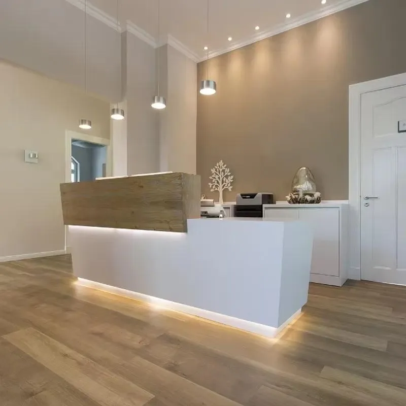 Contemporary L Shaped White Stone Reception Desk with LED Light Solid Wood Front Office Counter Furniture with Back Cabinet