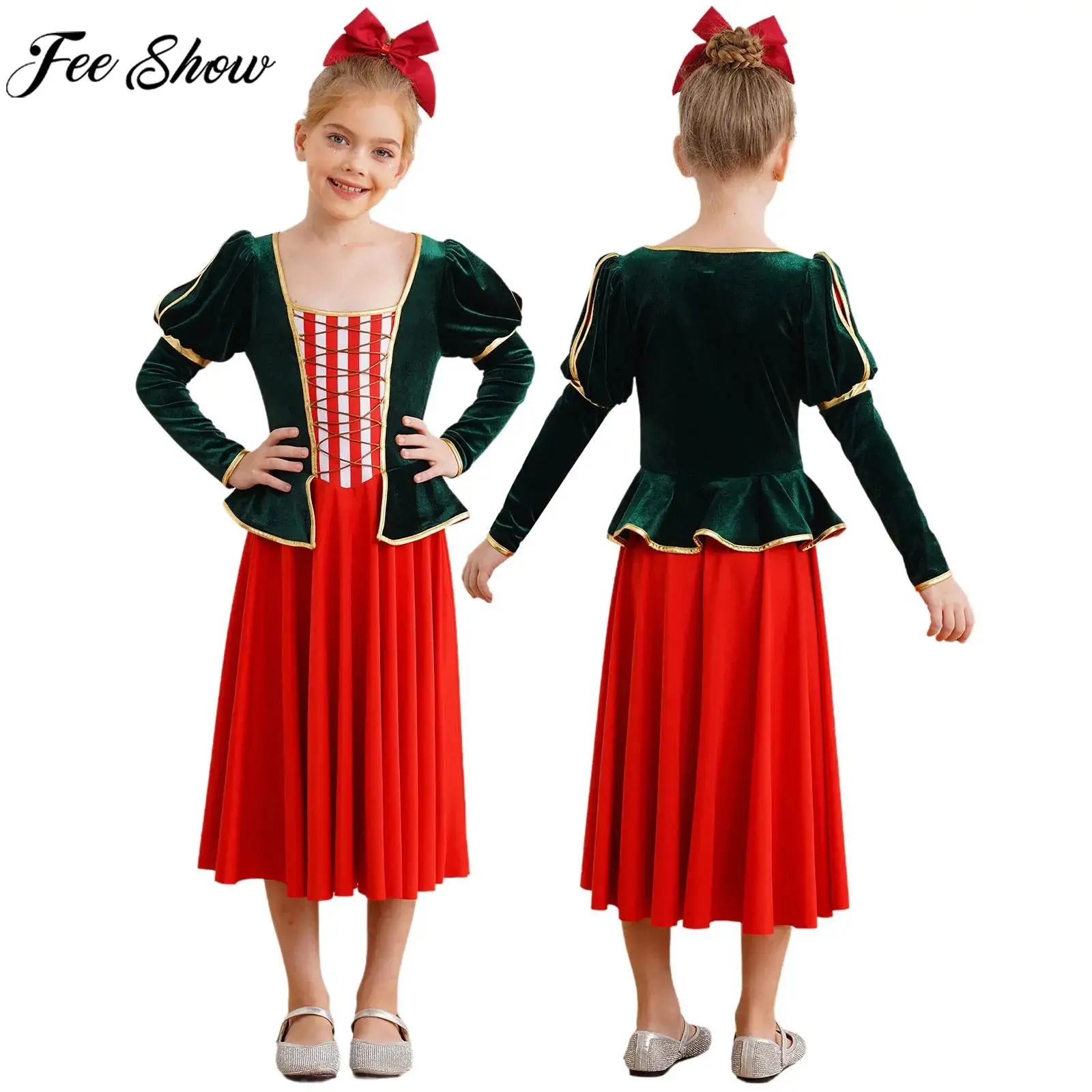 

Children Girls Christmas Velvet Dress Long Sleeve Striped Print Candy Cane Dance Costume Xmas New Year Party Cosplay Clothes