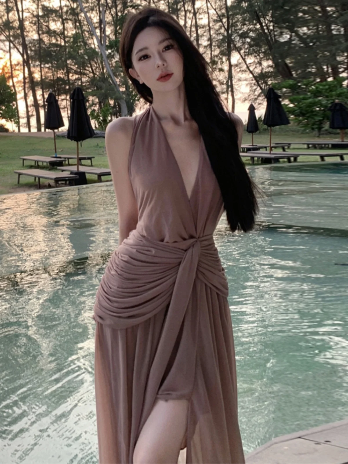 

Элегантное хлопковое платье с V-образным вырезом и завязками на шее, в стиле богини, с завышенной талией, для пляжного отдыха, города, путешествий и вечеринок