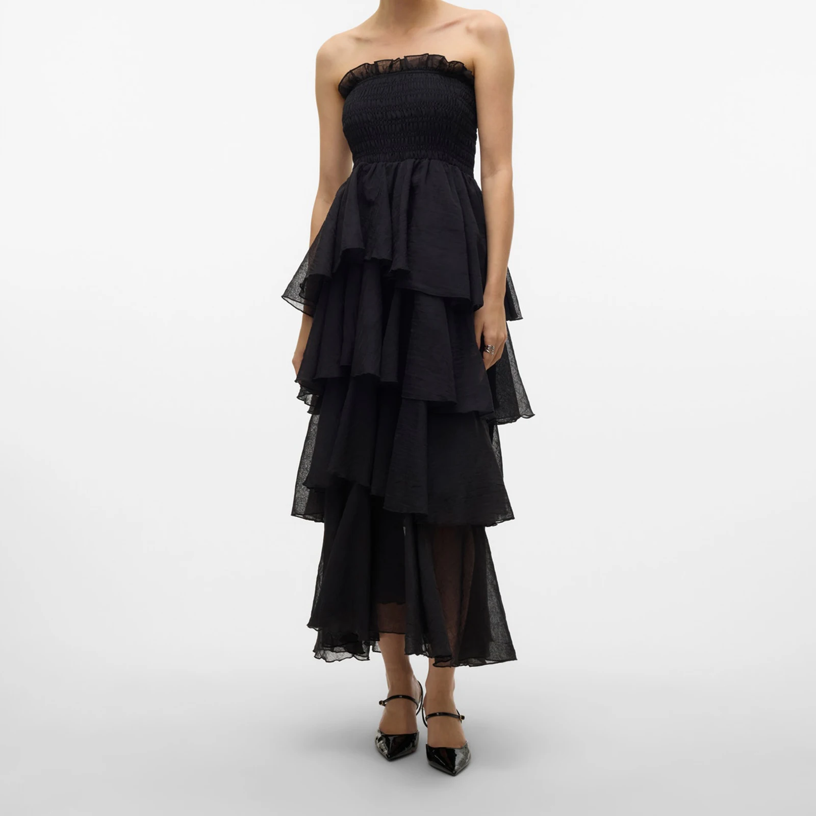 女性チューブドレス ストラップレス バックレス レイヤード シンプル ソリッド ロングドレス カクテルパーティー デート 記念日 誕生日イブニング用