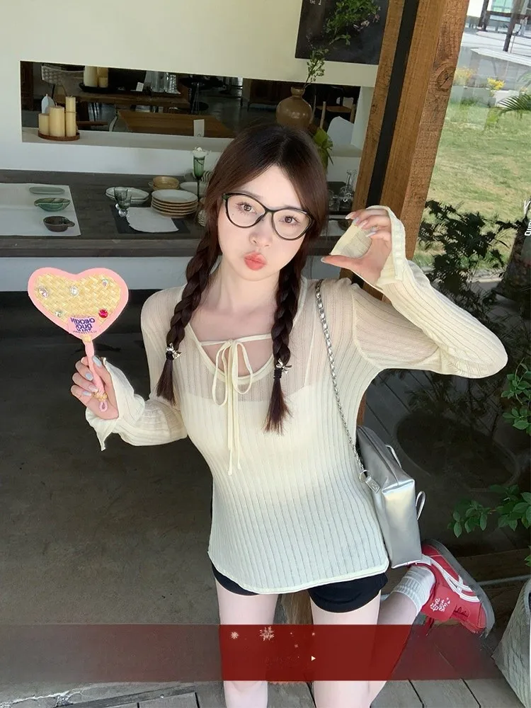 

Летняя новинка Su Sansan: легкая солнцезащитная накидка, тонкая вязаная прозрачная кофта с длинными рукавами, женская модная верхняя одежда