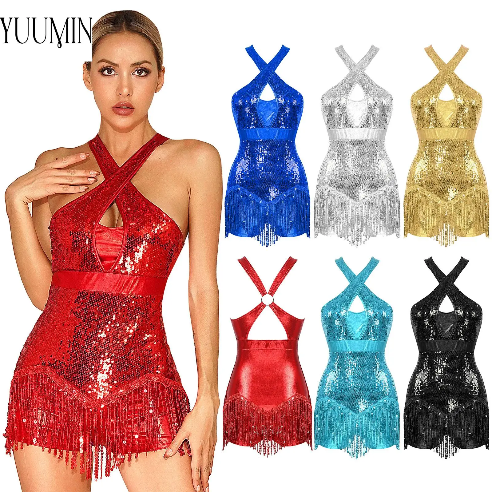 

Women Glittery Sequins Tassel Dance Leotard Latin Cha-Cha Practice Performance Costume Cross Front Fringed Bodysuit Dancewear