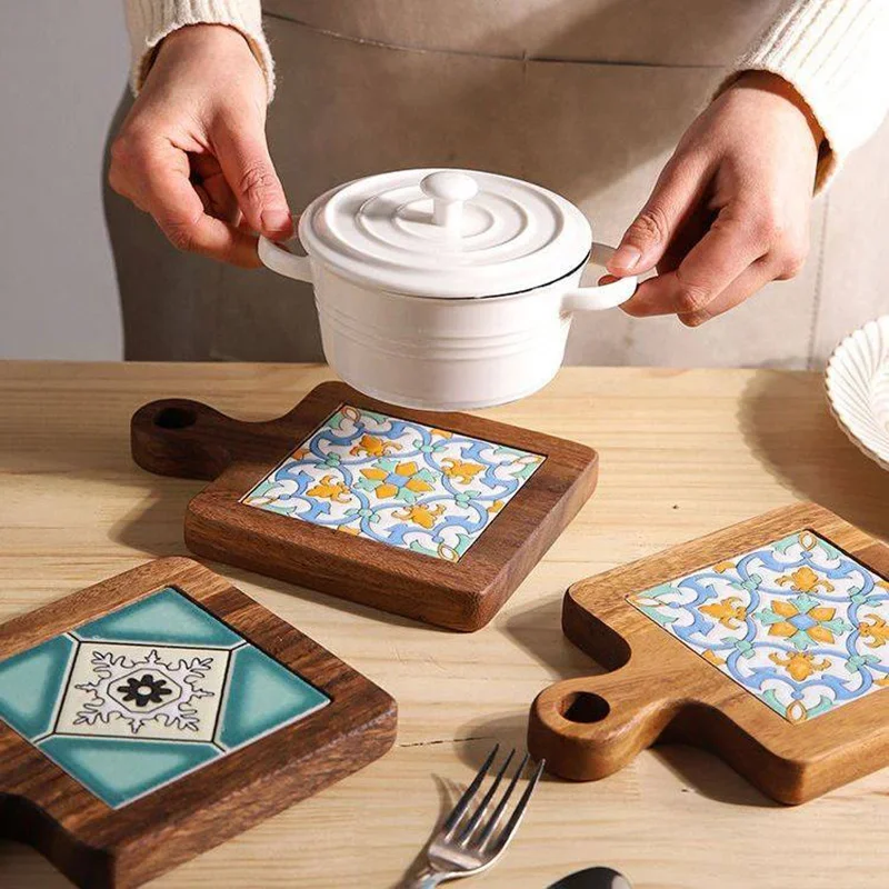 Wood Tiles Pot Mat Anti-Scalding Plate Mat Drink Coasters Tile Design Wooden Trivet Frame For Hot Tea Pots and Pans Pad Holders