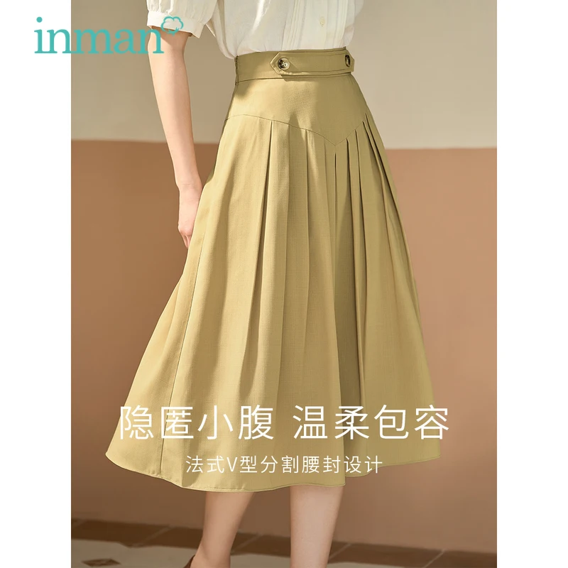 

INMAN Women Skirt 2023 Summer Design Button Waist A-shaped Loose Pleated Design Commuting Temperament Yellow Navy Skirt