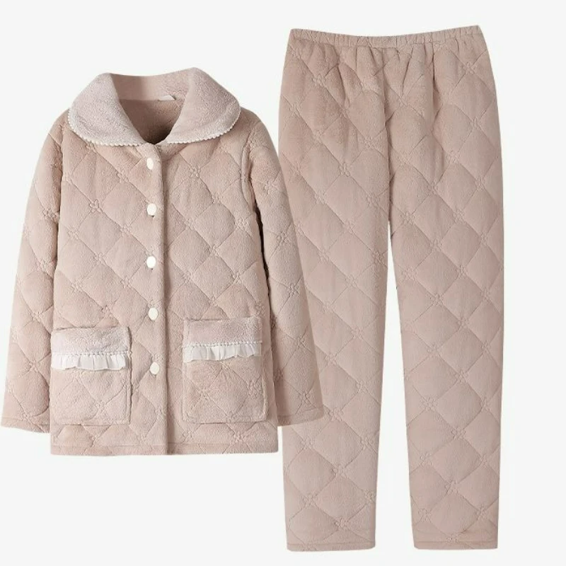 

New Autumn and Winter Three-layer Thickened Coral Fleece Cotton-padded Pajamas Women's Warm Flannel Cold-proof Home Wear Set