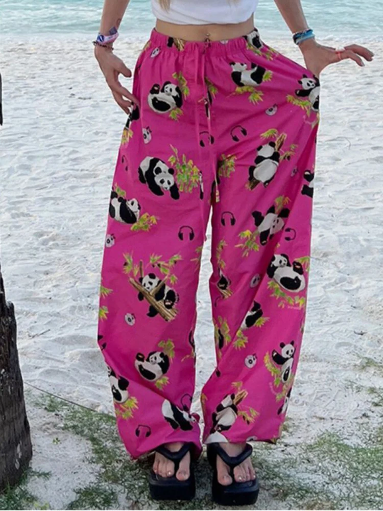Panda cartoon printed casual pants for women in summer drawstring elastic waist design, sweet and spicy  wide leg pants