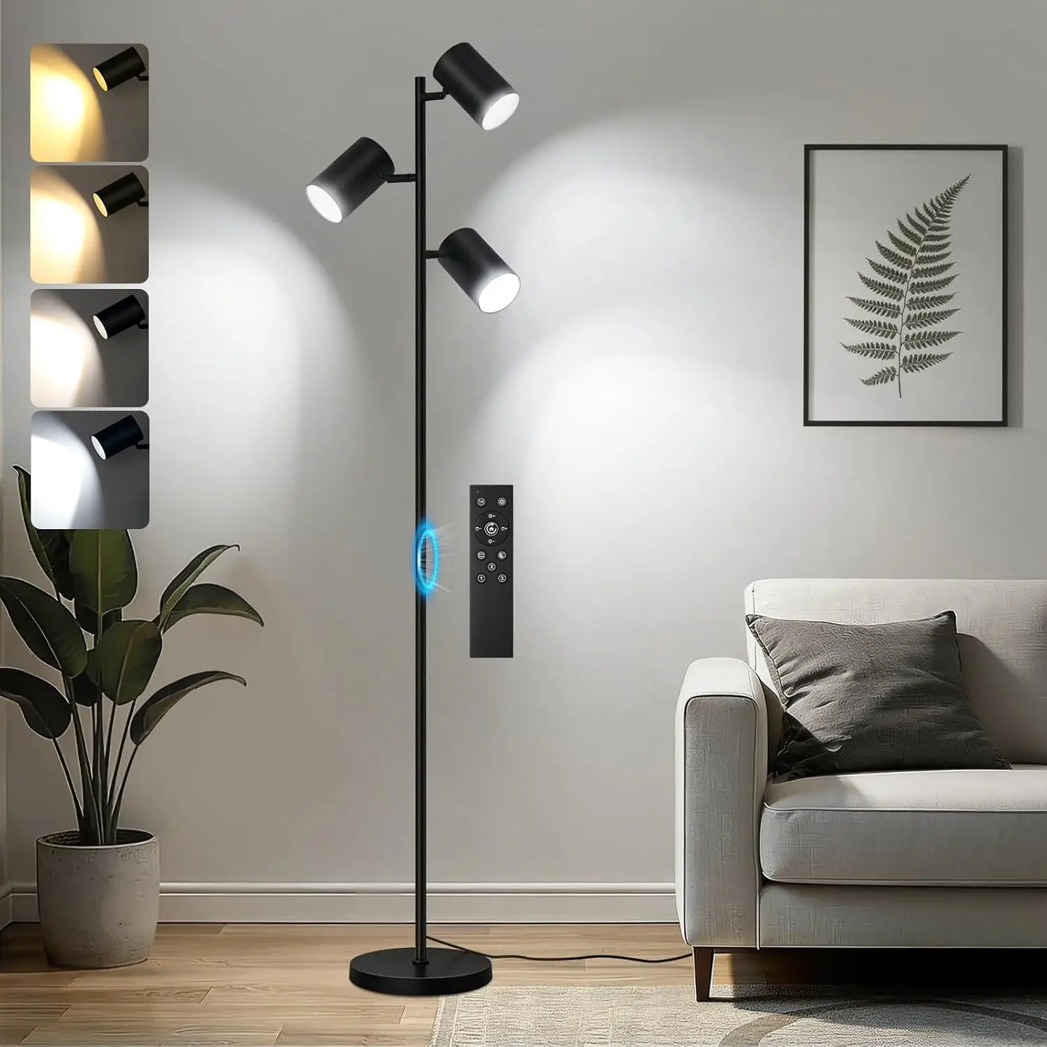 

Светодиодный напольный светильник 4000 лм, 36 Вт, суперяркий, с пультом ДУ, 3 поворотными головками и 6 цветовыми температурами для гостиной, спальни, офиса