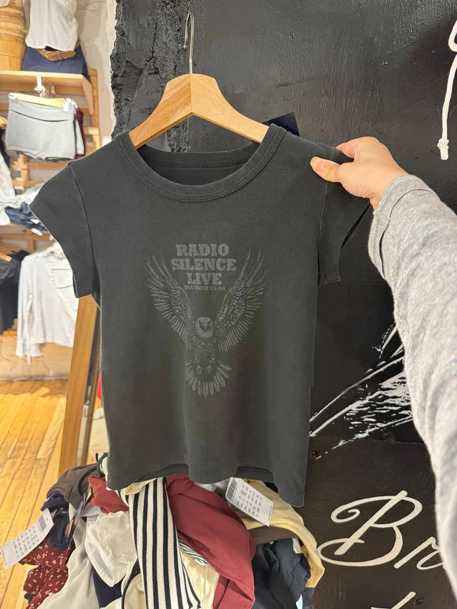 

Letter Eagle Print Black T-shirt Woman Crew Neck Cotton Slim Short Sleeve Tee Shirts Summer Streetwear Vintage Casual Y2k Tops