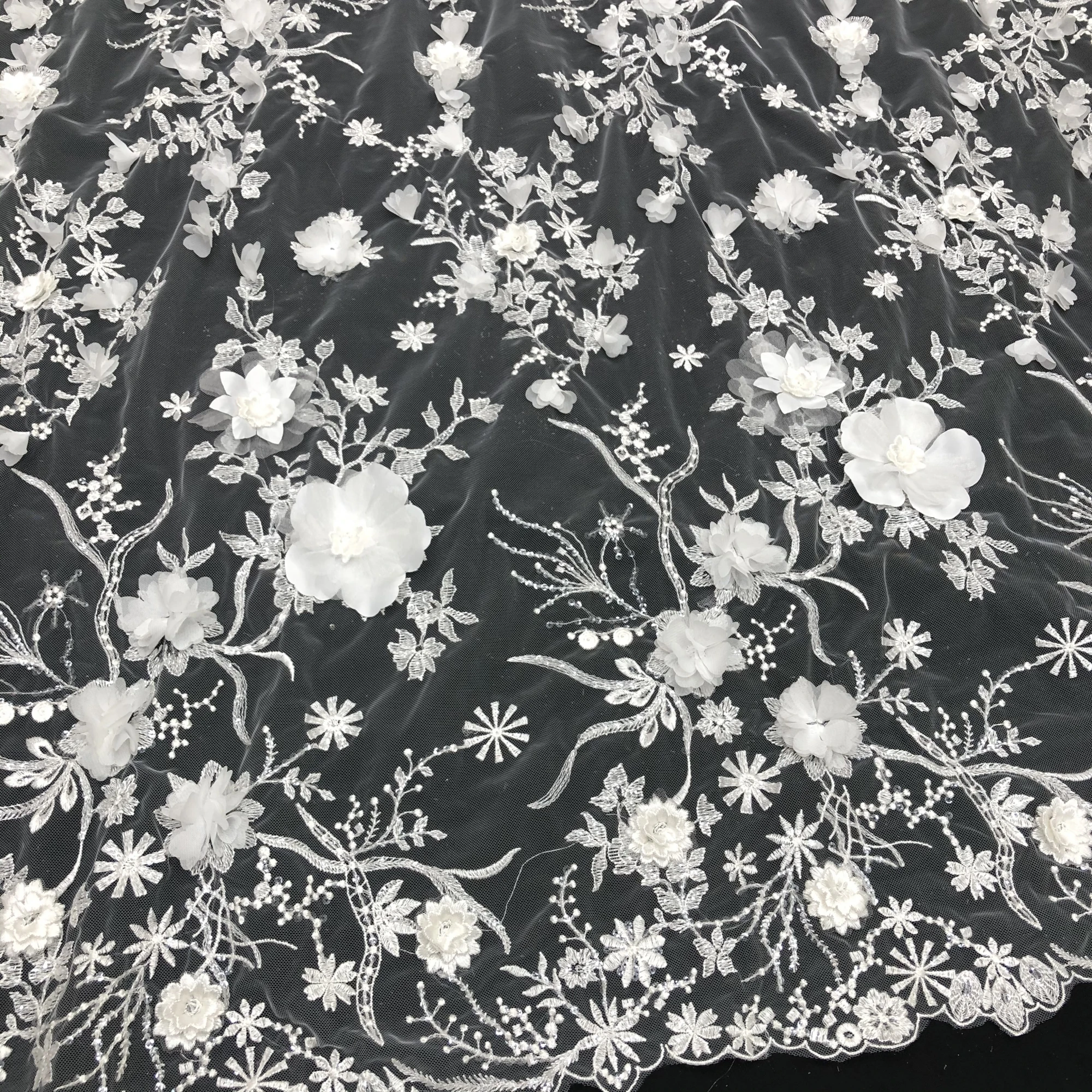 New Unique Hand-Stitched 3D Flowers Embroidered Bridal Wedding Lace Fabric, Private Custom Fabrics