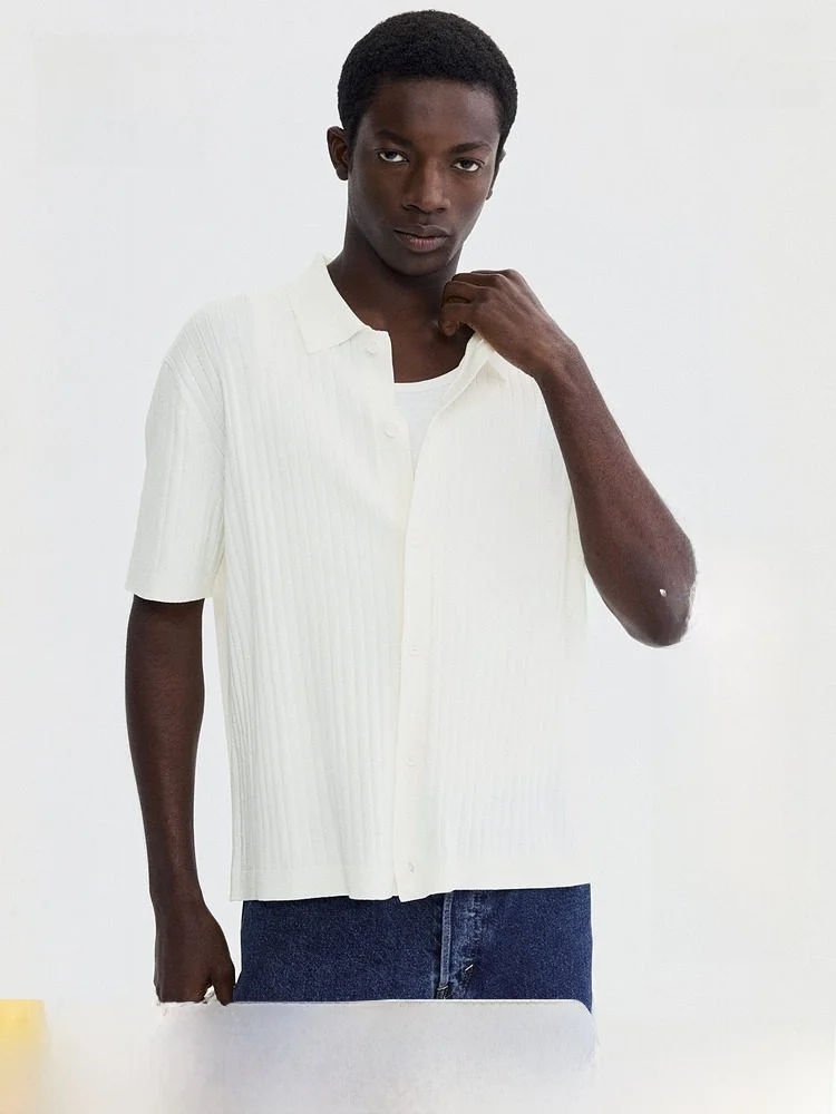 

H&M Men's Standard Fit Knitted Ribbed Shirt Summer New Style 1311089 Casual Short Sleeve Open Cardigan Regular Length