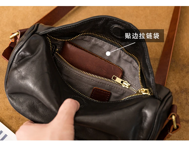 Handgefertigte Herren-Umhängetasche aus echtem Leder, modische Outdoor- und Alltagstasche, schwarze Crossbody-Tasche aus Kuhleder – Detail 4