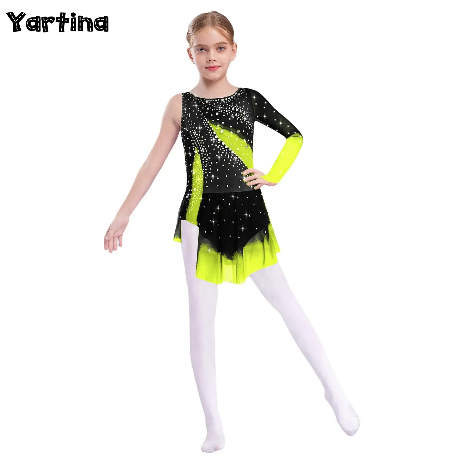 

Kids Girls Shiny Rhinestone Gymnastics Ballet Jersey Leotards Artistic Figure Skating Dress Lyrical Dance Performance Costume