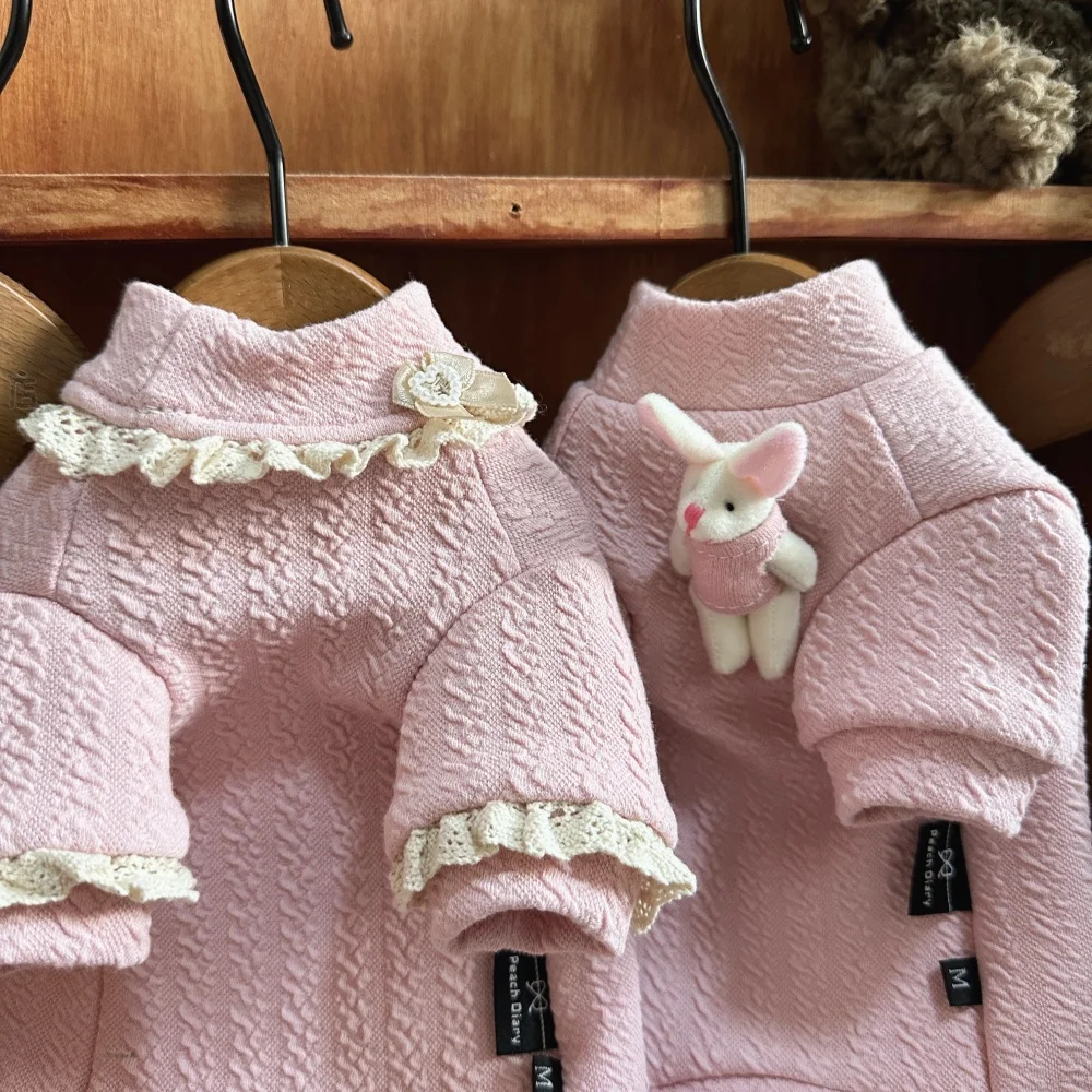 Sweet Pink Cotton Coat with Lace for Sphynx Cat in Autumn Cartoon Pendant T-shirt Soft Long Sleeves Loungewear for Devon Rex