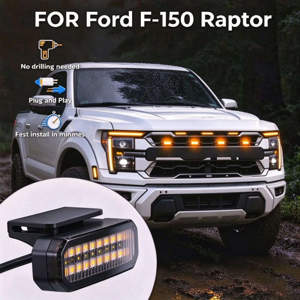 フォードf-150ラプター用、ledアンバー色フロントグリルマーカーライト、防水仕様、ラプター風グリル、警告灯、アクセサリー